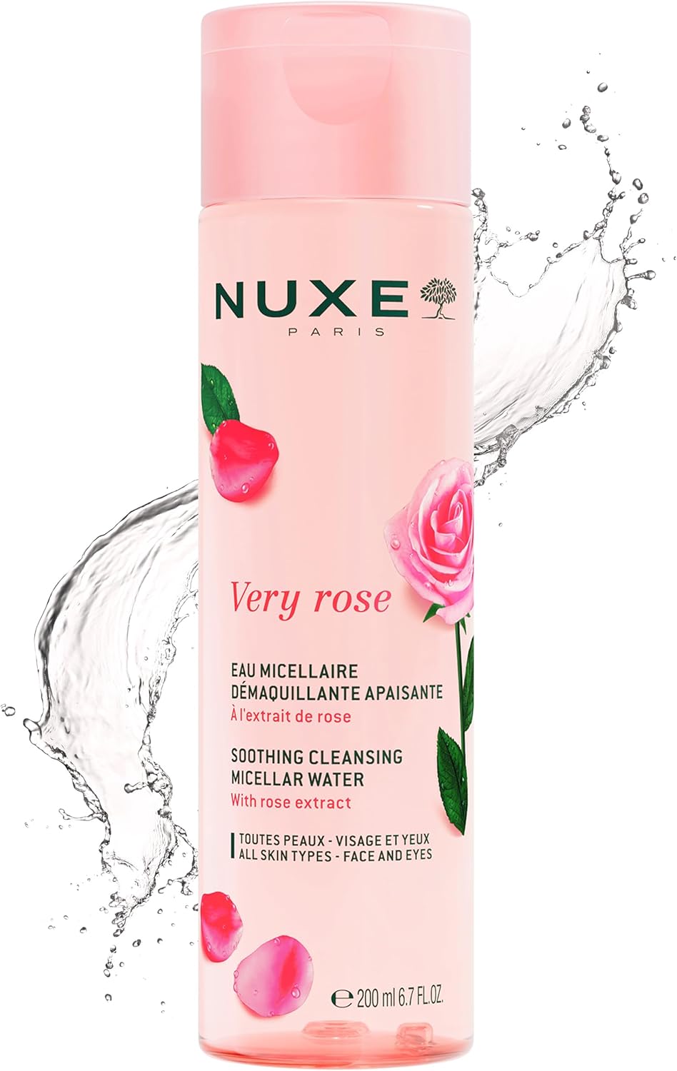 NUXE Micellar Water for Sensitive Skin with Rose Water Extract, 6.7 Fl Oz | Very Rose Makeup Remover for Face & Eyes, Hydrating Facial Cleanser for Sensitive Skin, Removes Waterproof Make-up & Mascara