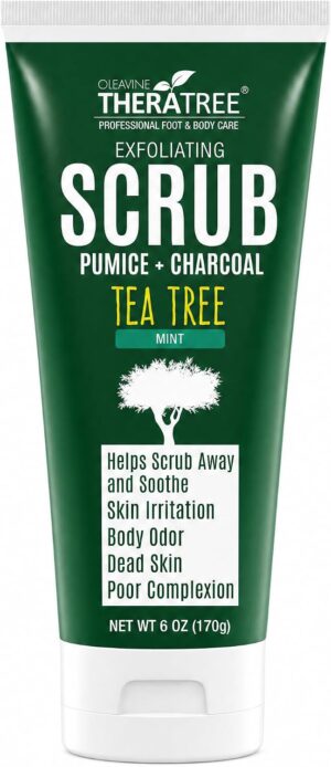 TheraTree Tea Tree Oil Exfoliating Scrub, Pumice & Charcoal, 6 oz | Oleavine Deep cleansing Scrub, Foot & Body with peppermint, neem, and natural pumice, soothing for healthy-looking skin.