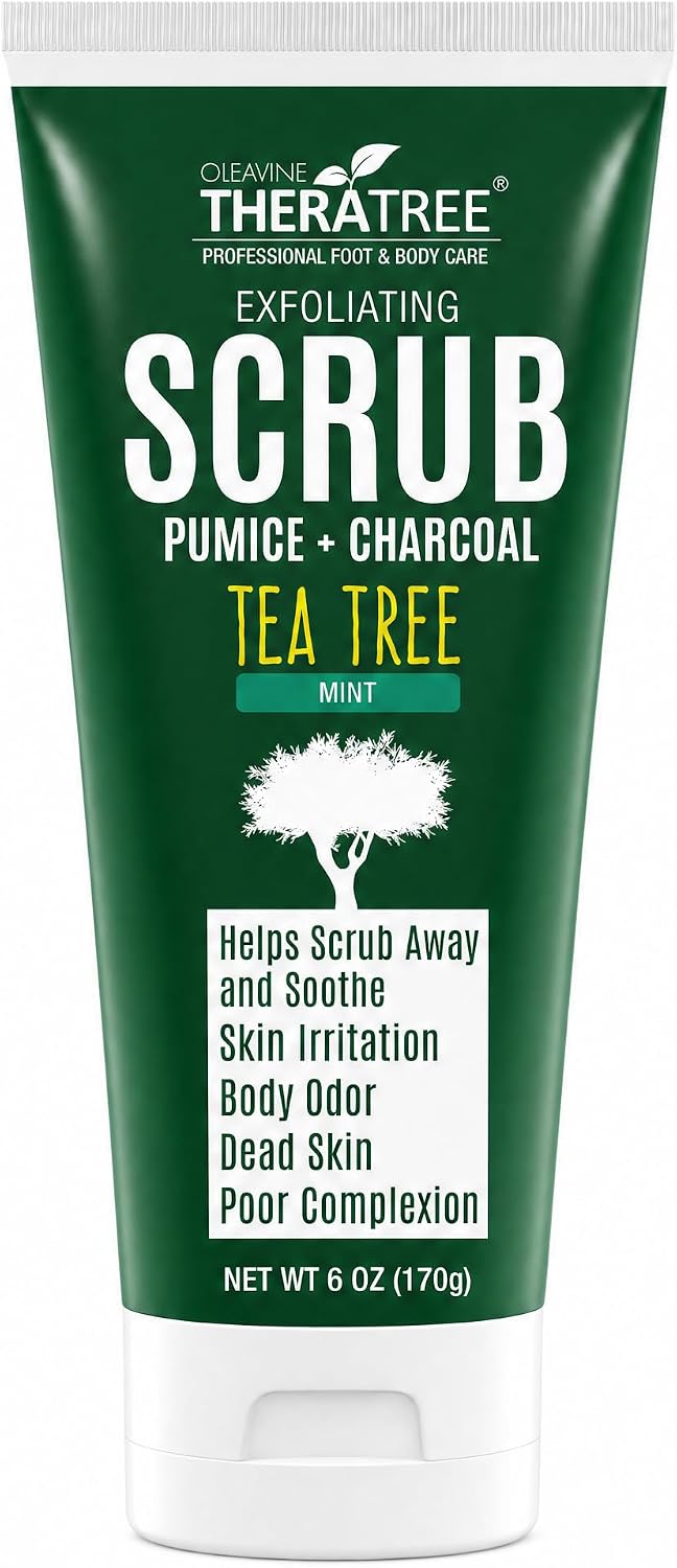 TheraTree Tea Tree Oil Exfoliating Scrub, Pumice & Charcoal, 6 oz | Oleavine Deep cleansing Scrub, Foot & Body with peppermint, neem, and natural pumice, soothing for healthy-looking skin.