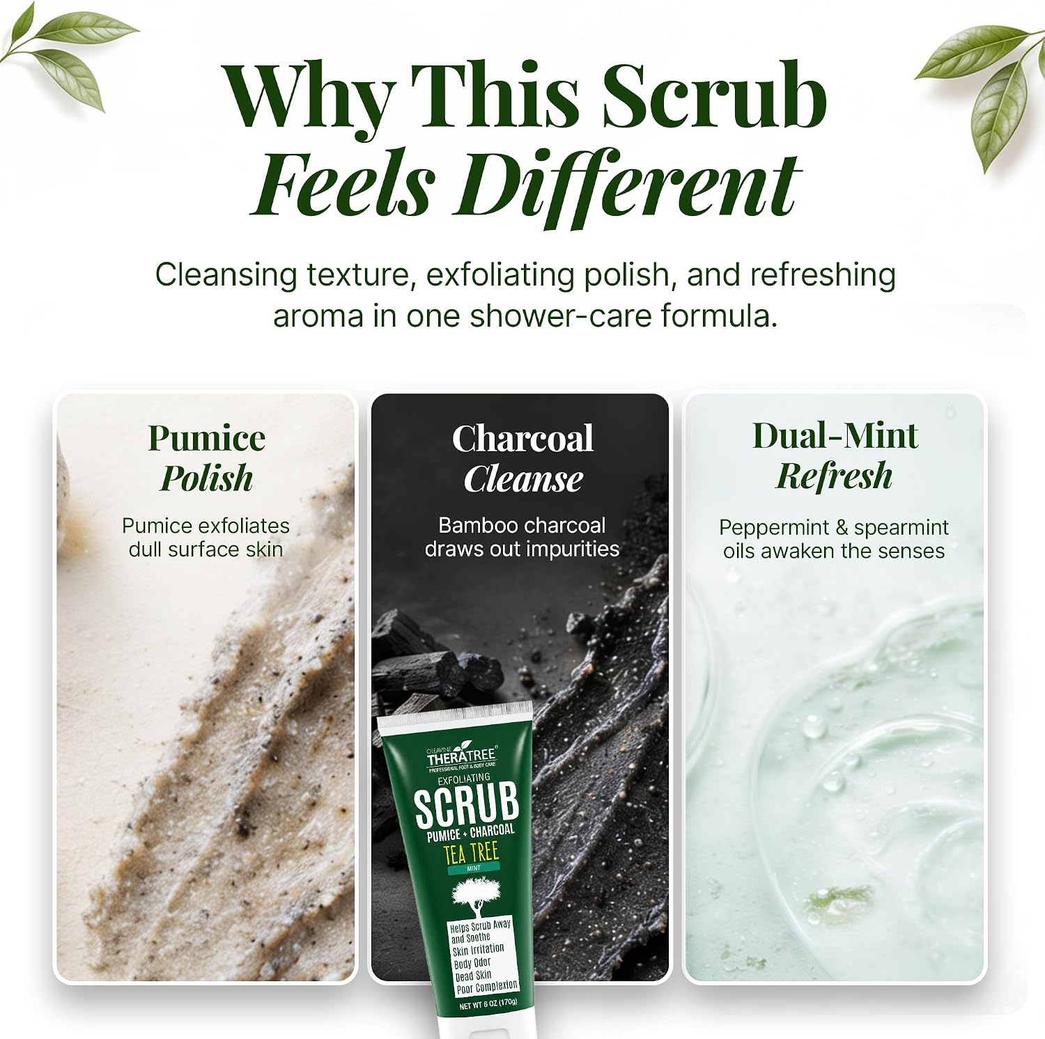 TheraTree Tea Tree Oil Exfoliating Scrub, Pumice & Charcoal, 6 oz | Oleavine Deep cleansing Scrub, Foot & Body with peppermint, neem, and natural pumice, soothing for healthy-looking skin. - Image 2