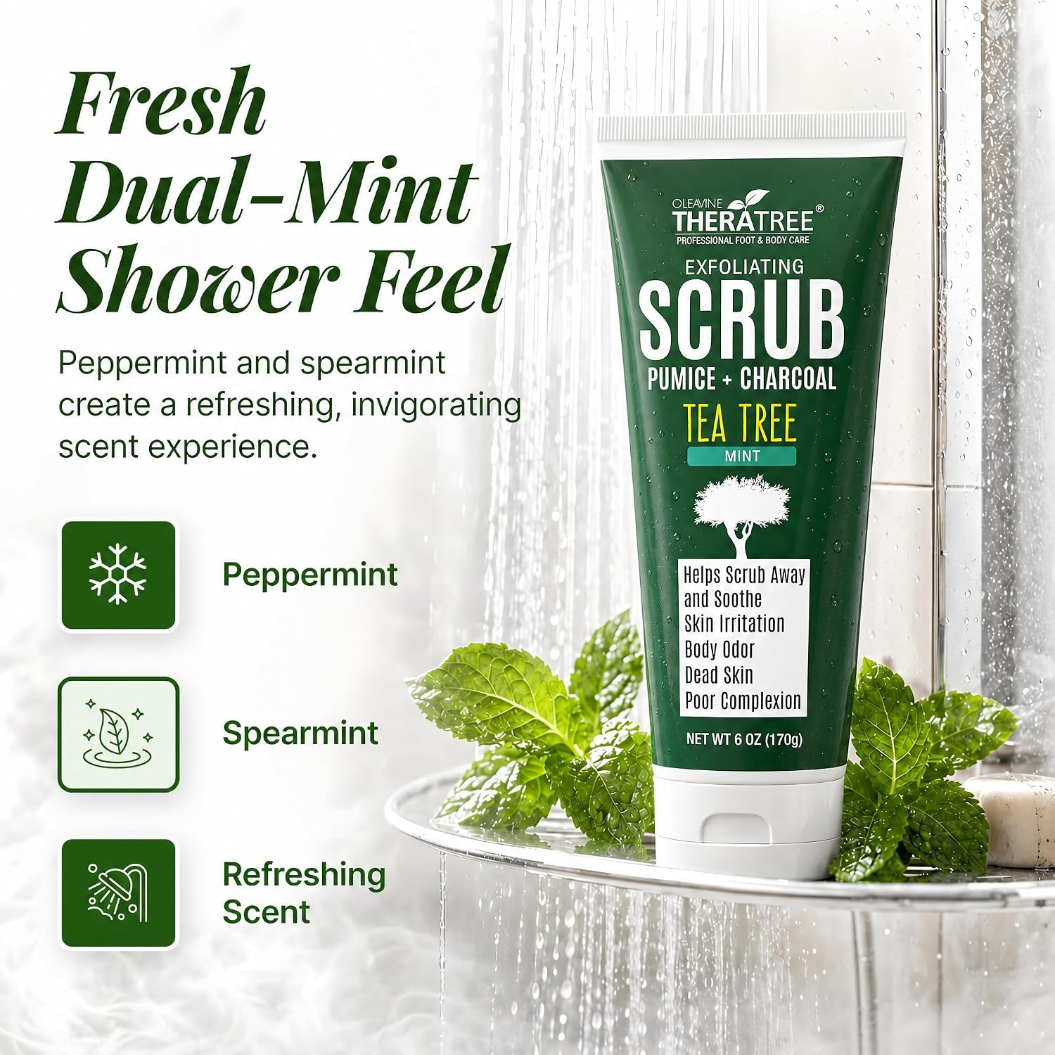TheraTree Tea Tree Oil Exfoliating Scrub, Pumice & Charcoal, 6 oz | Oleavine Deep cleansing Scrub, Foot & Body with peppermint, neem, and natural pumice, soothing for healthy-looking skin. - Image 5