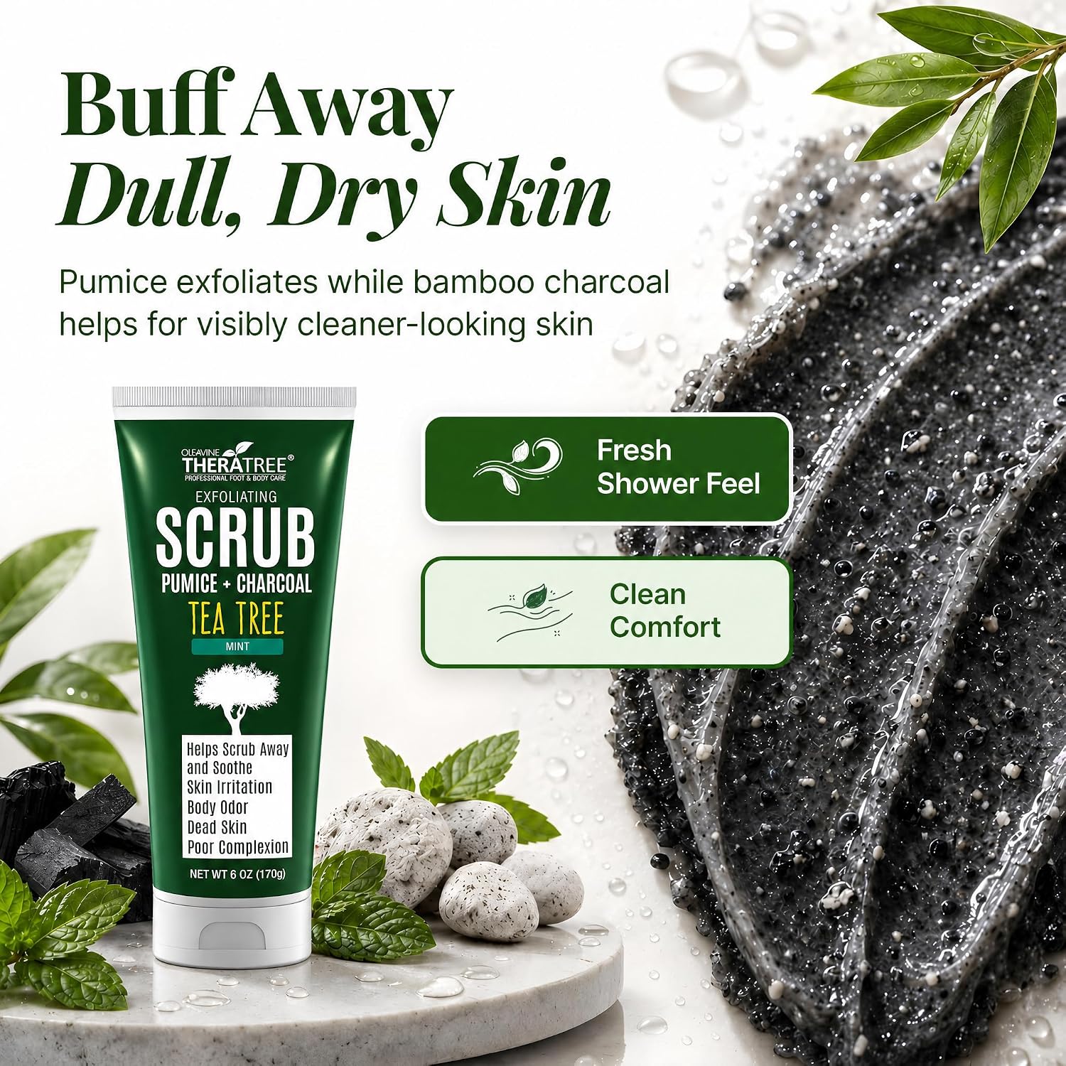 TheraTree Tea Tree Oil Exfoliating Scrub, Pumice & Charcoal, 6 oz | Oleavine Deep cleansing Scrub, Foot & Body with peppermint, neem, and natural pumice, soothing for healthy-looking skin. - Image 6