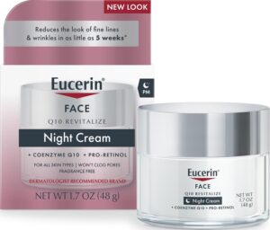 Eucerin Q10 Anti-Wrinkle Night Cream + Pro-Retinol, Facial Cream for Sensitive Skin, 1.7 Oz Jar